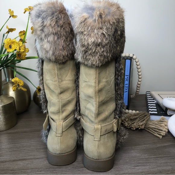 COACH Deeann Rabbit Fur Trim Camel/Tan Suede Leather Buckle Detail Long Boots 7 - Picture 7 of 9